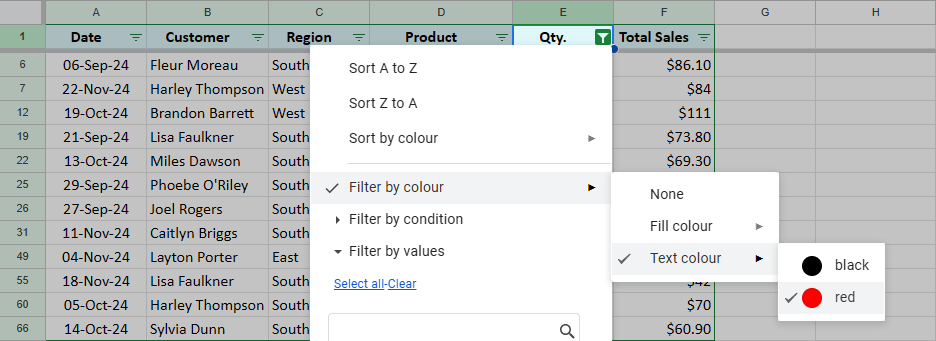 Google Sheets: filter by text color.