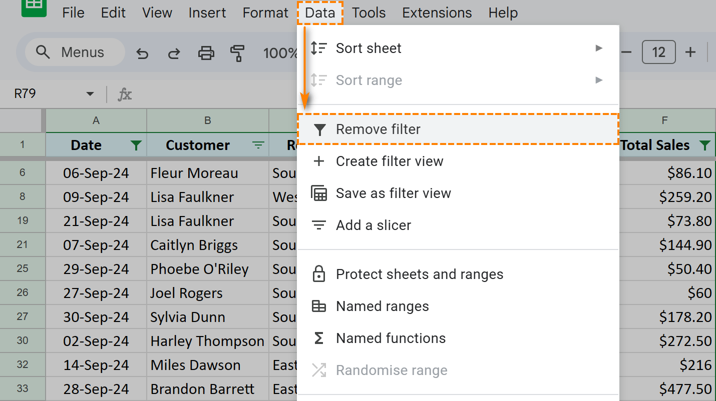 Remove filter using the Google Sheets menu.