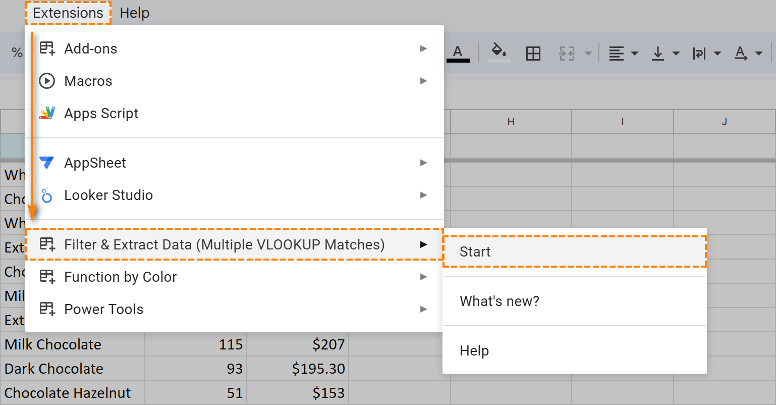 Spreadsheet menu where you start the extensions.