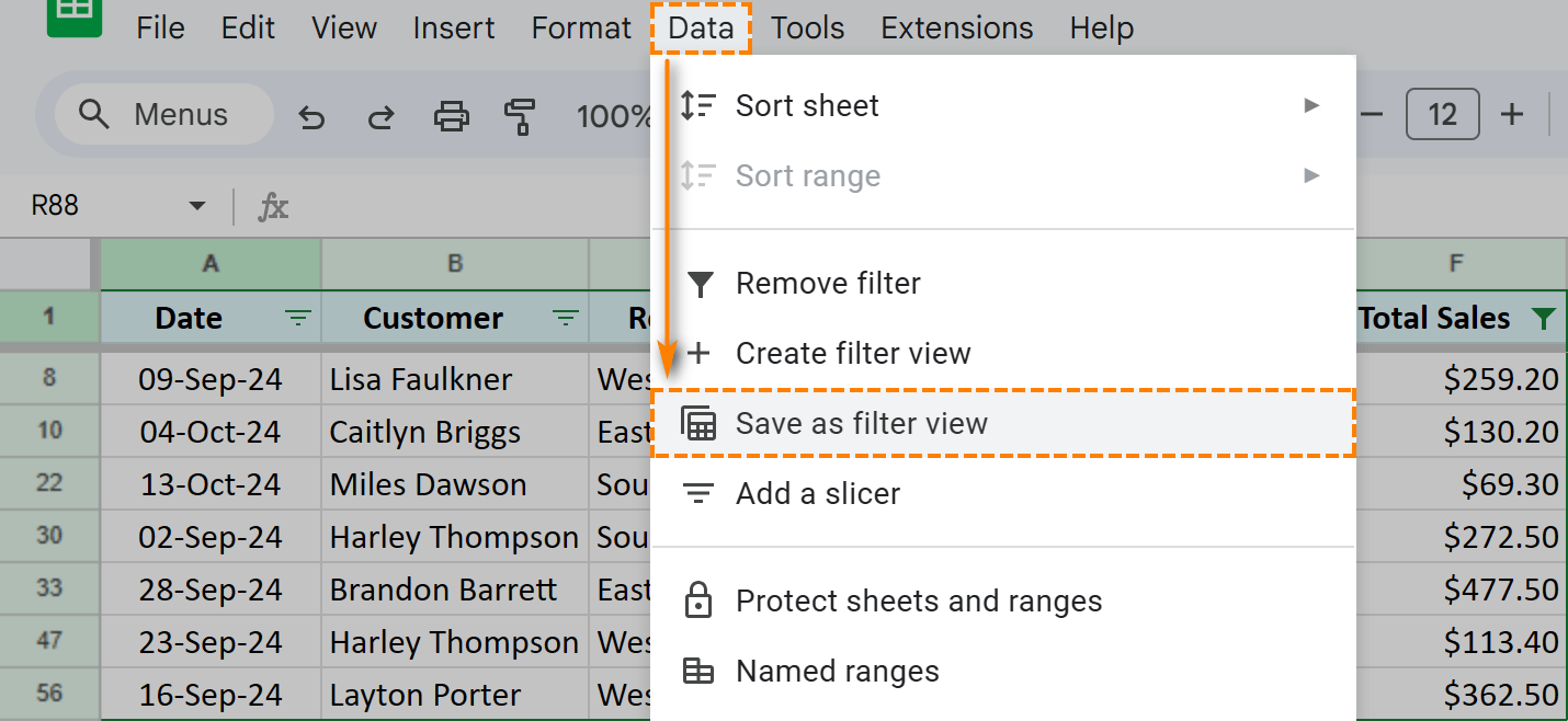 Save data as filter view from the spreadsheet menu.