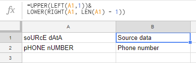 Thay đổi trường hợp bằng cách sử dụng các công thức trong Google Sheets.