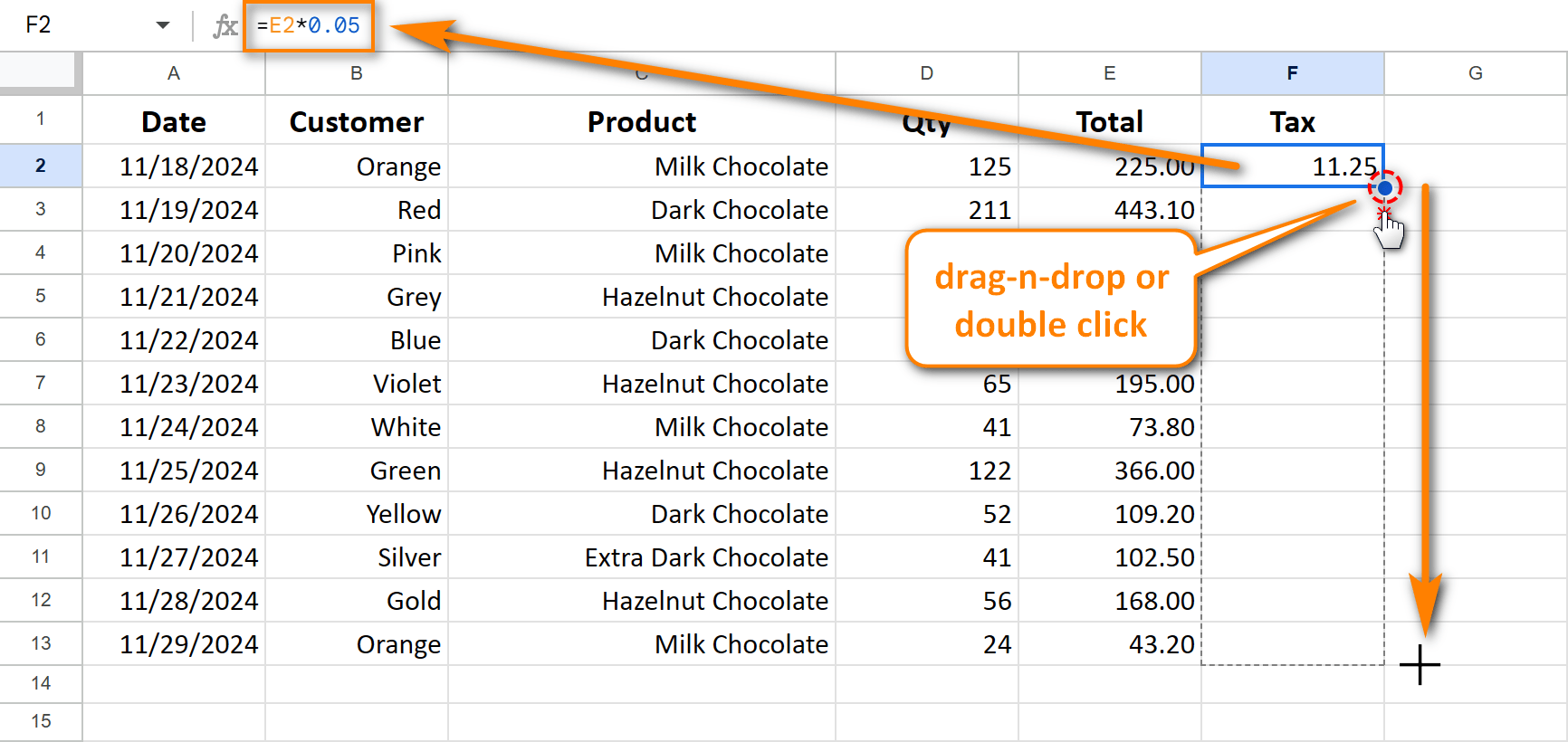 Copy formula in Google Sheets by dragging it down.