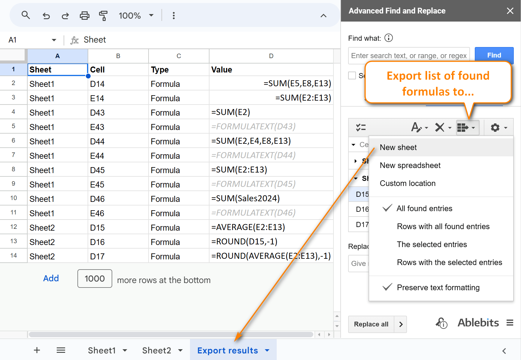 Export all found formulas to a new sheet.