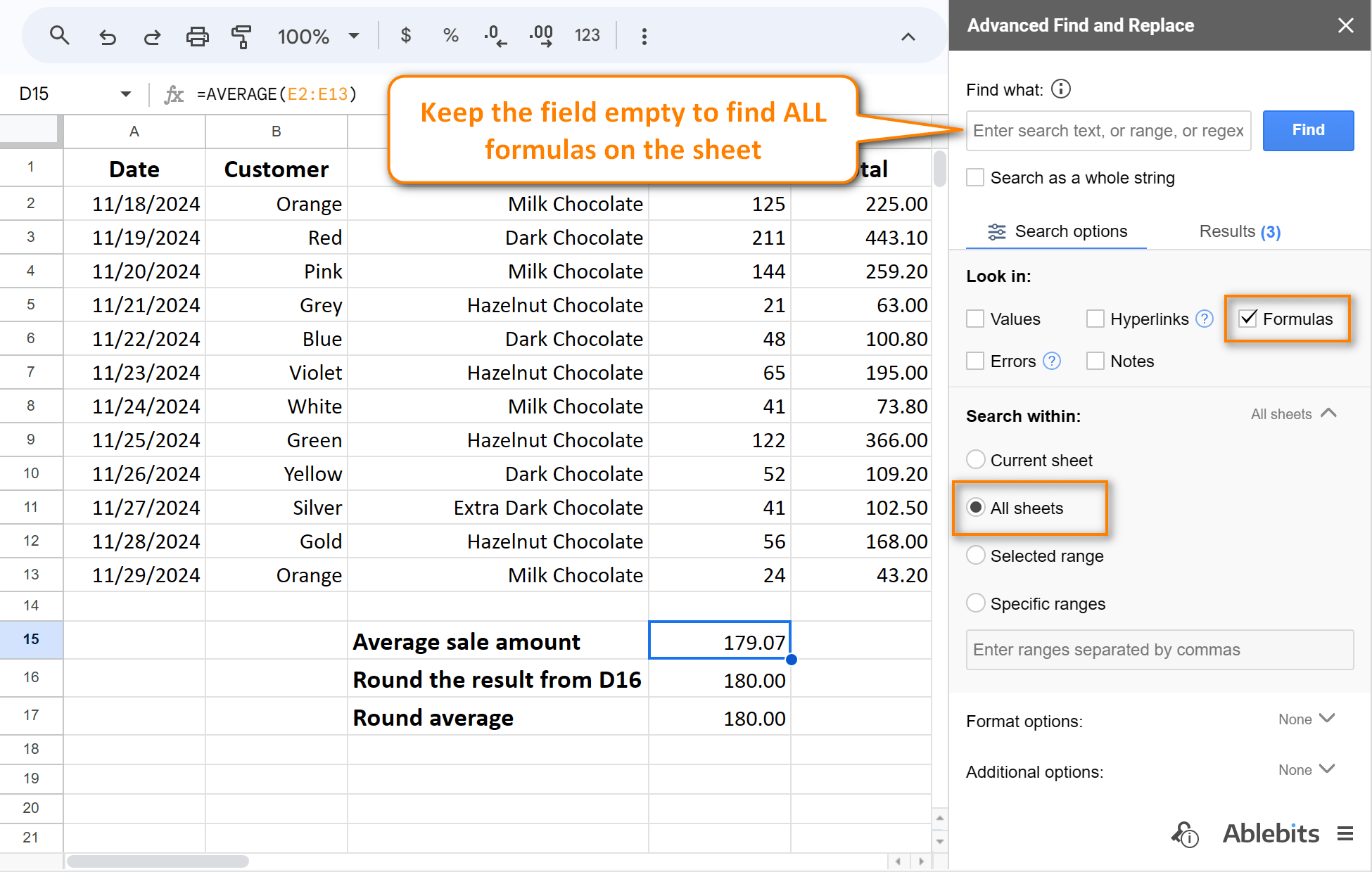 Keep the field empty and the add-on will show you all formulas in Google Sheets.