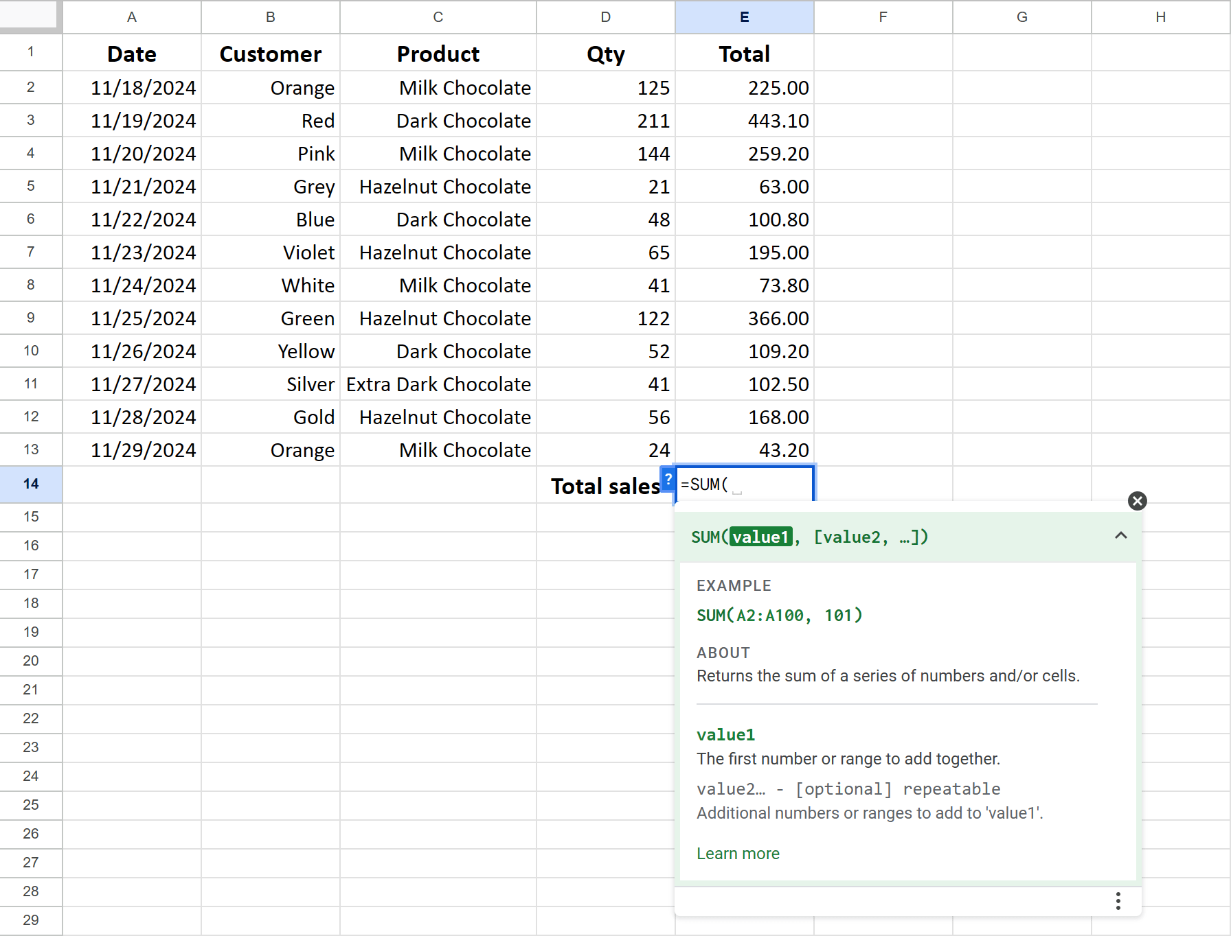 Use the hint to do formulas in Google Sheets correctly.