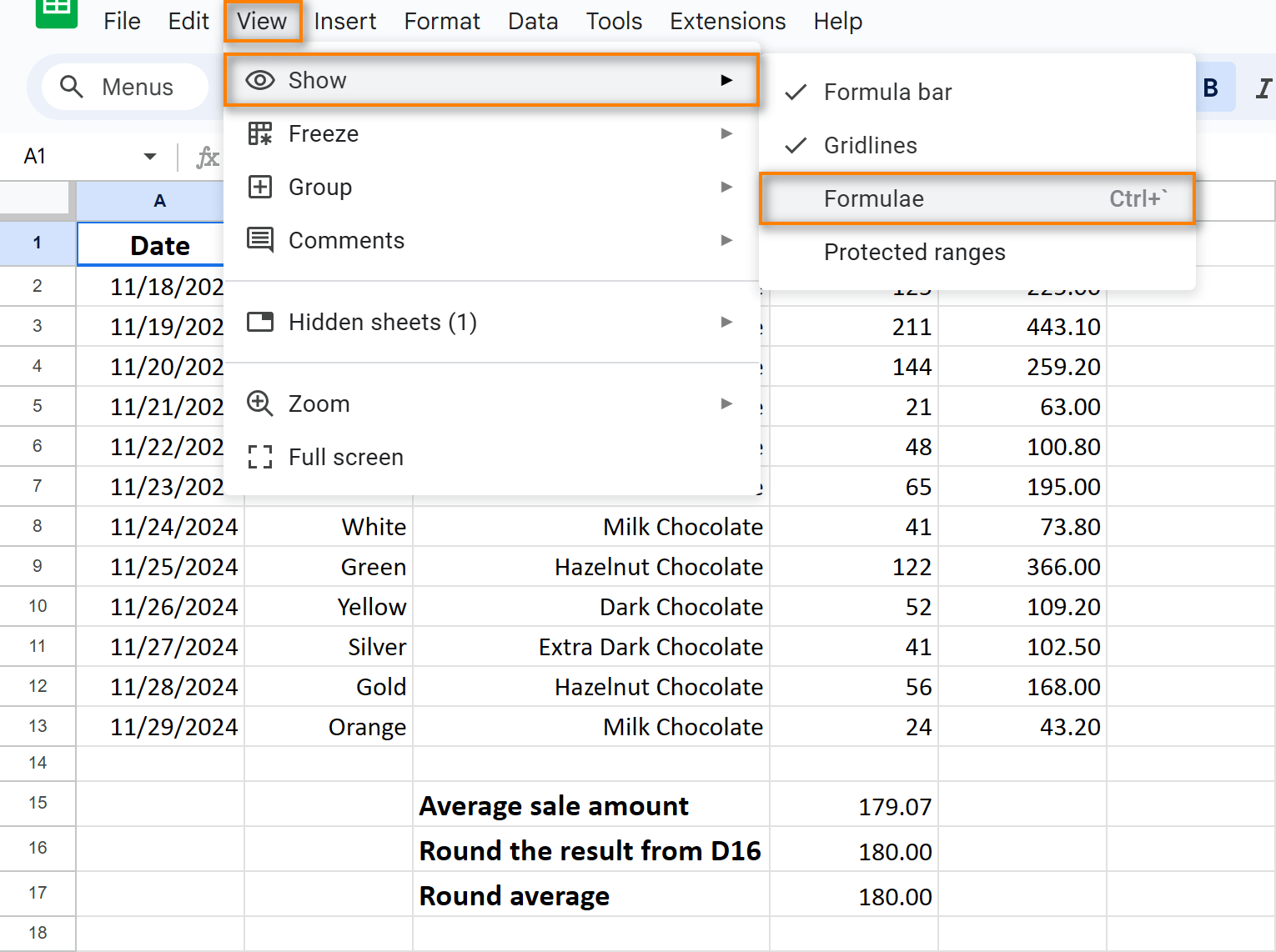 Spreadsheet menu is open and the required setting is selected.