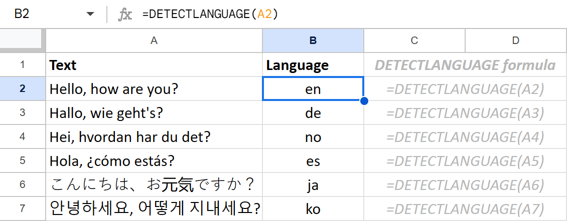 Special Google Sheets function to detect text language.