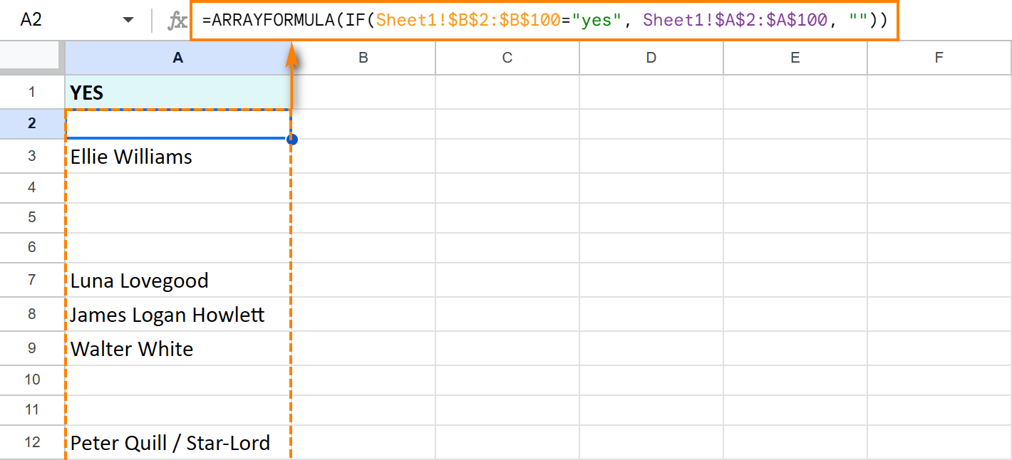 The IF function wrapped in ArrayFormula to process the whole column at once.