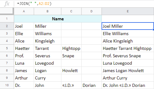 Join cells in Google Sheet with the function.