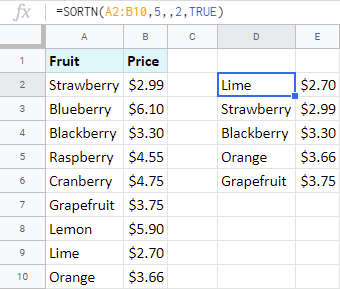 Sort rows in Google Sheets and return only some number of them.