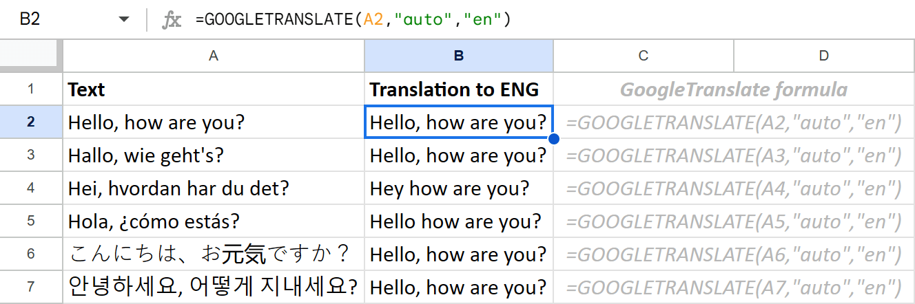 Use a special Google Sheets formula to detect the language and translate cell content to English.