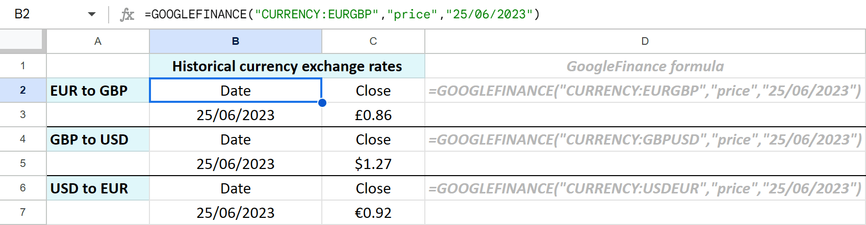 Google Sheets formula that fetches exchange rates from the last year.