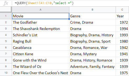 Return all data with the QUERY function in Google Sheets.