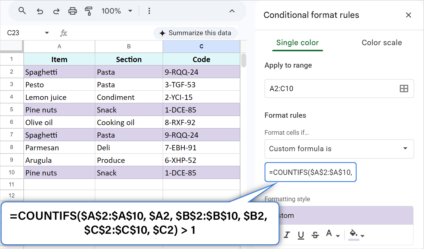 Using COUNTIFS to identify absolute duplicate rows in Google Sheets.