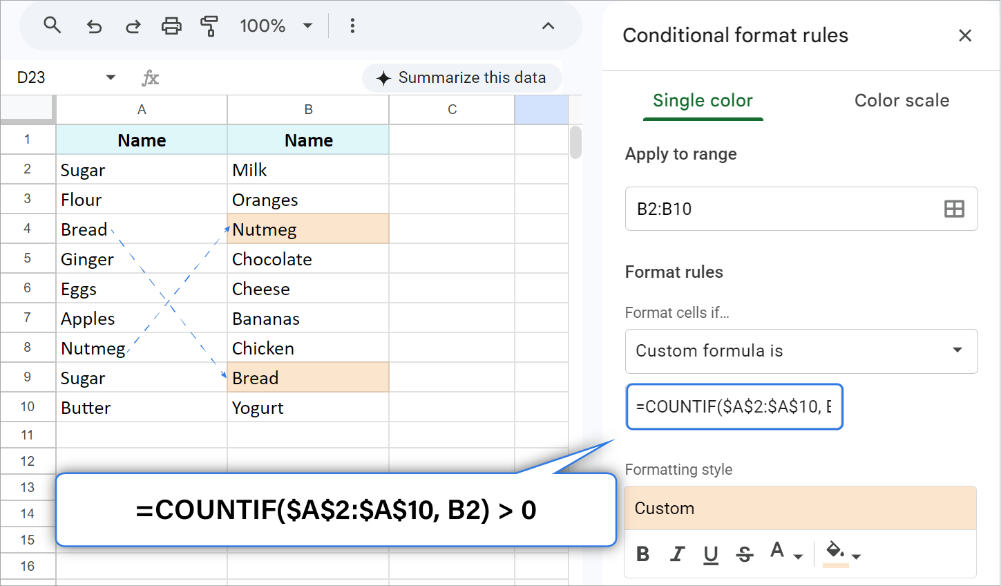 Highlighting duplicates between two columns in Google Sheets using COUNTIF.