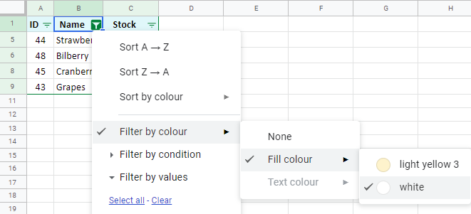 Filter data by the fill color: hide duplicates in Google Sheets.