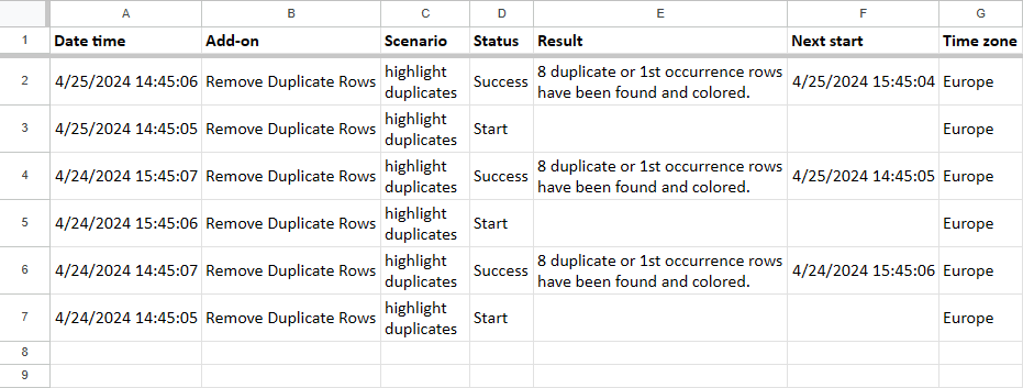 See the log of all automatic runs of your Remove Duplicate Rows.