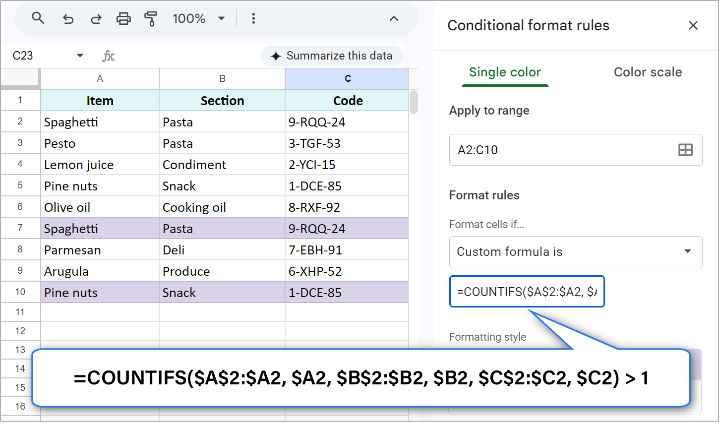 Highlighting the 2nd and subsequent duplicate instances in Google Sheets.