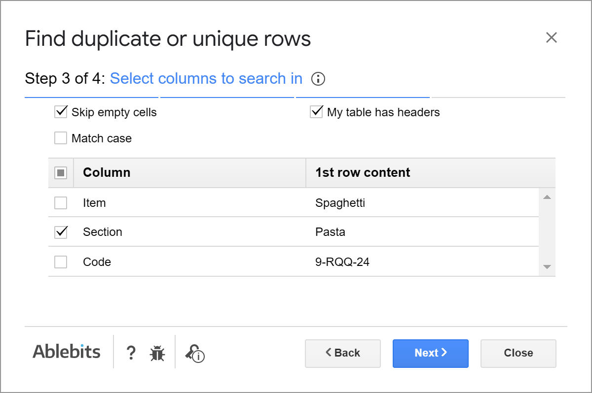 Select columns to search in.