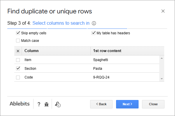 Select columns to search in.