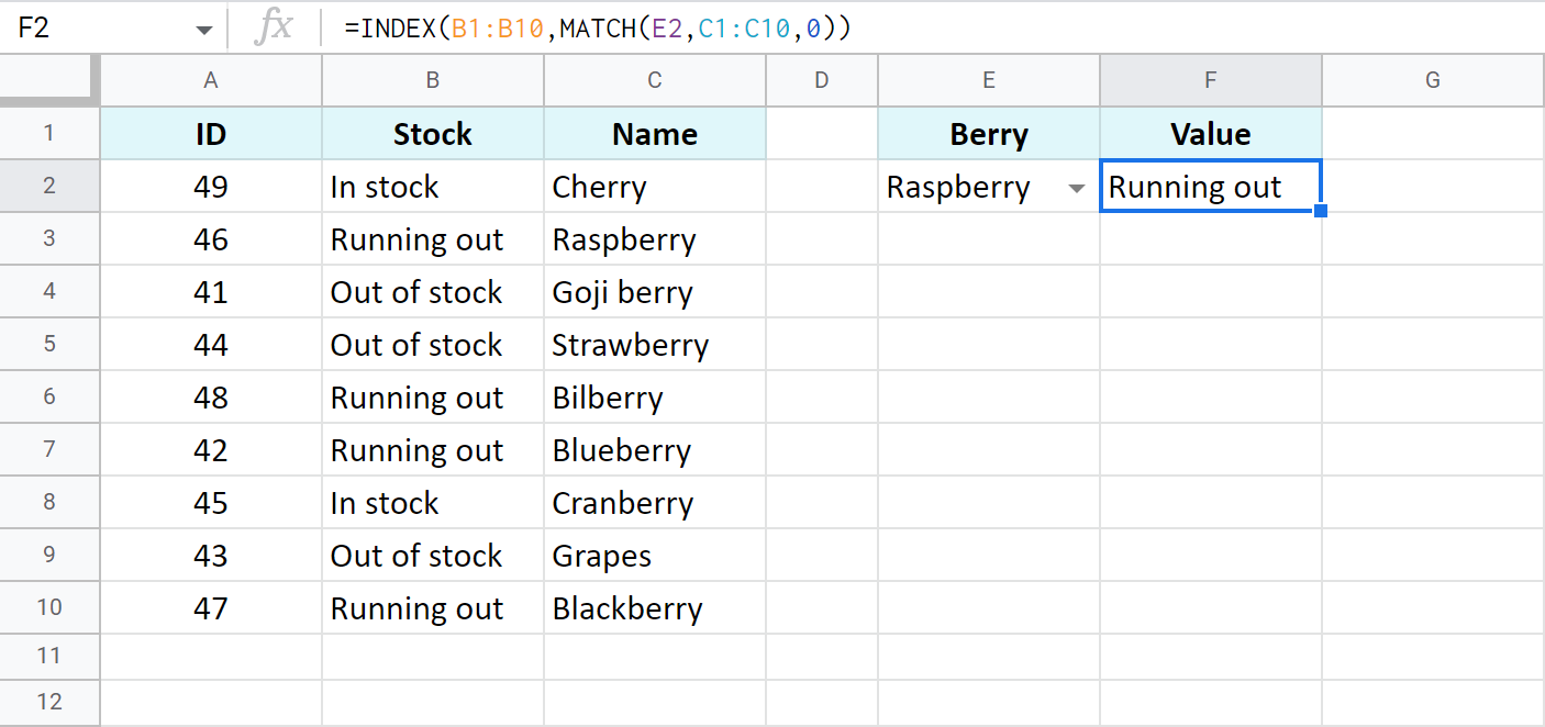 INDEX MATCH in Google Sheets another way for vertical lookup