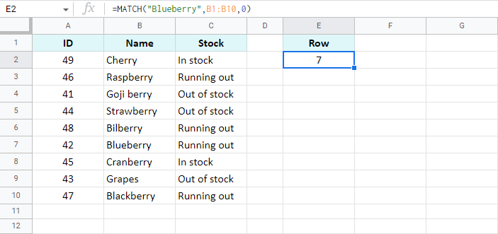 Lookup the exact match using Google Sheets MATCH function.