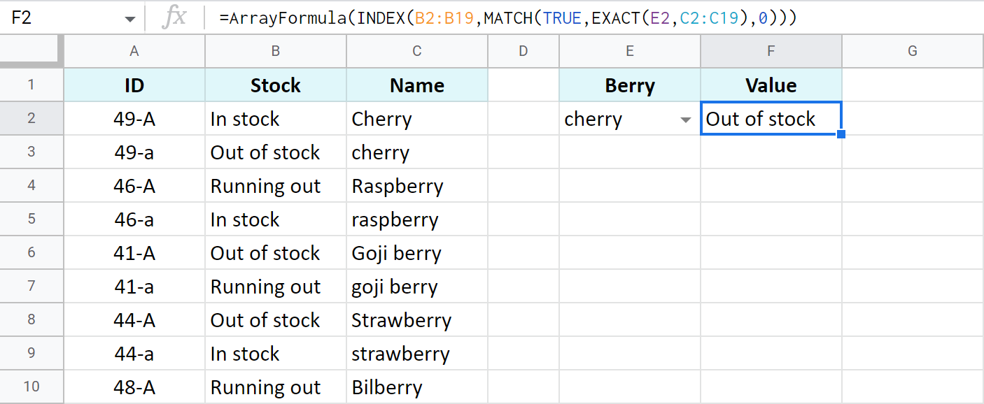 Use the EXACT function to build case-sensitive INDEX MATCH.