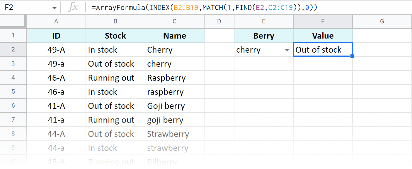 Use the FIND function to build case-sensitive INDEX MATCH.