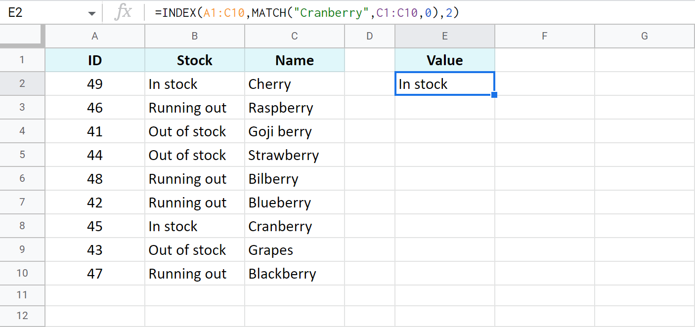 INDEX MATCH in Google Sheets another way for vertical lookup