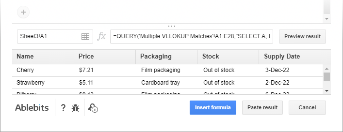 Preview the result in Multiple VLOOKUP Matches.