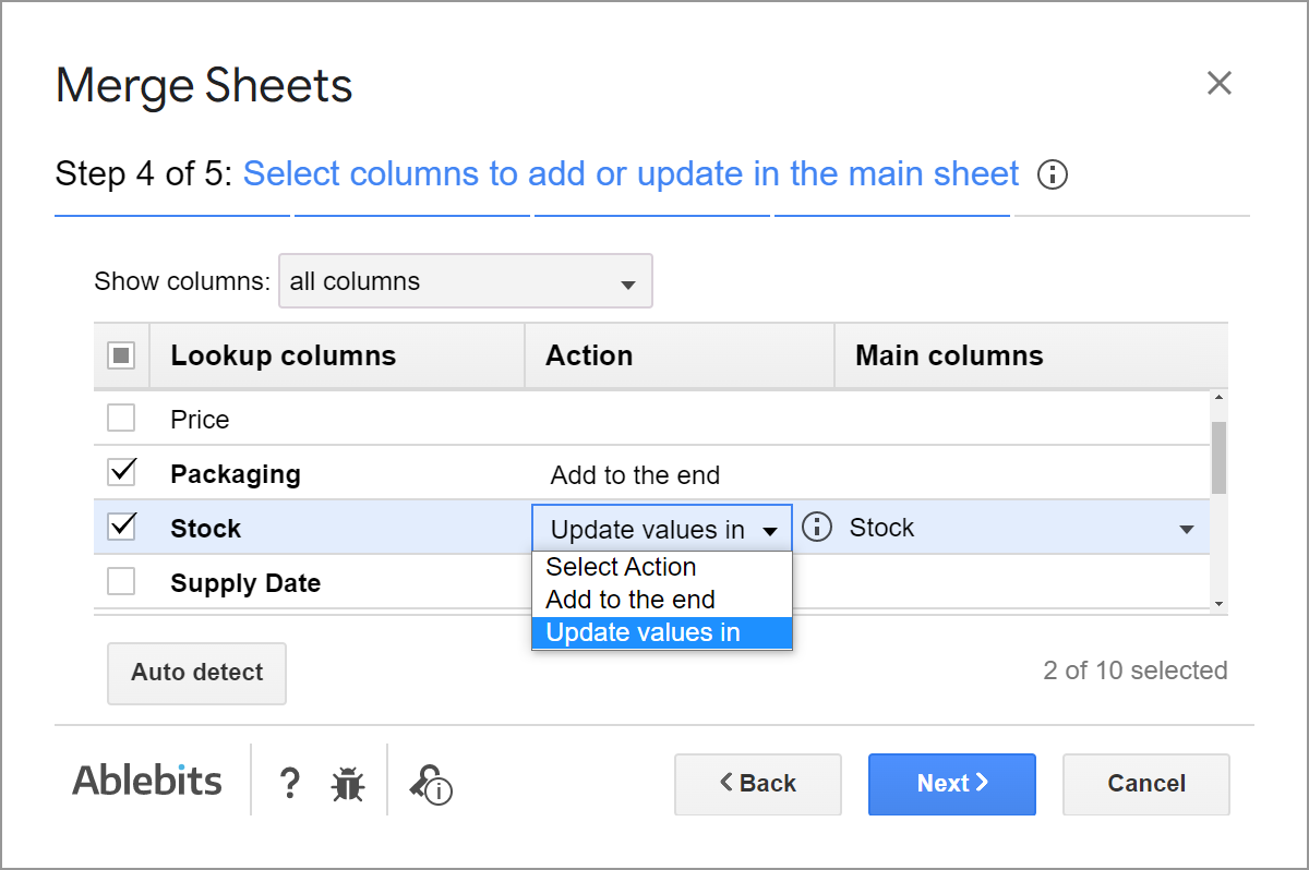 Select columns to update or add to the main sheet.