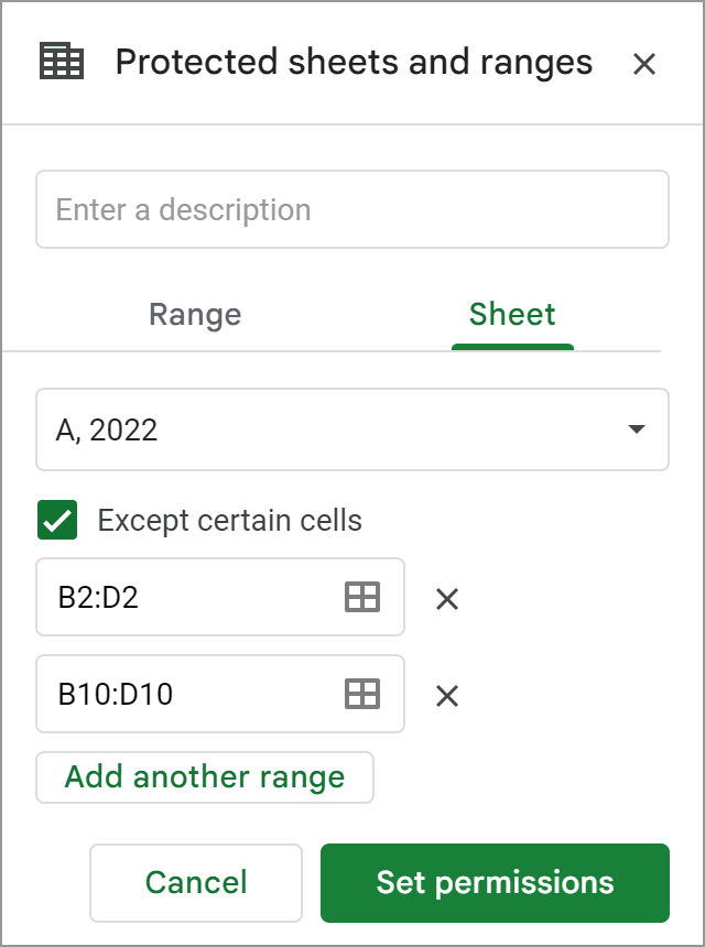 How to protect Google sheet except certain cells.