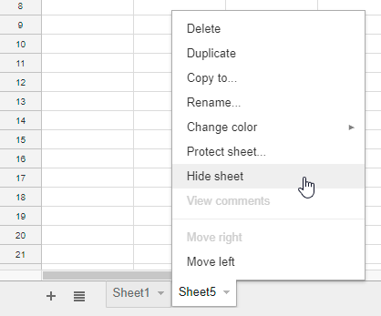 Sheets context menu