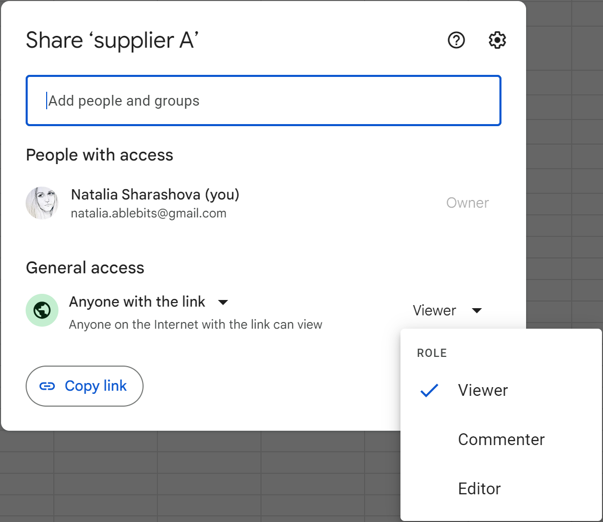 Set the roles for everyone who has a link to the spreadsheet.