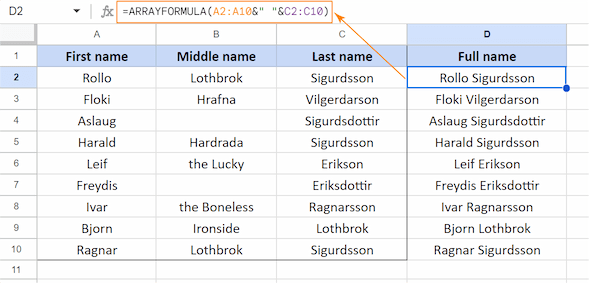 A Google Sheets example using the ARRAYFORMULA function to combine first names from column A and last names from column C into a single column.