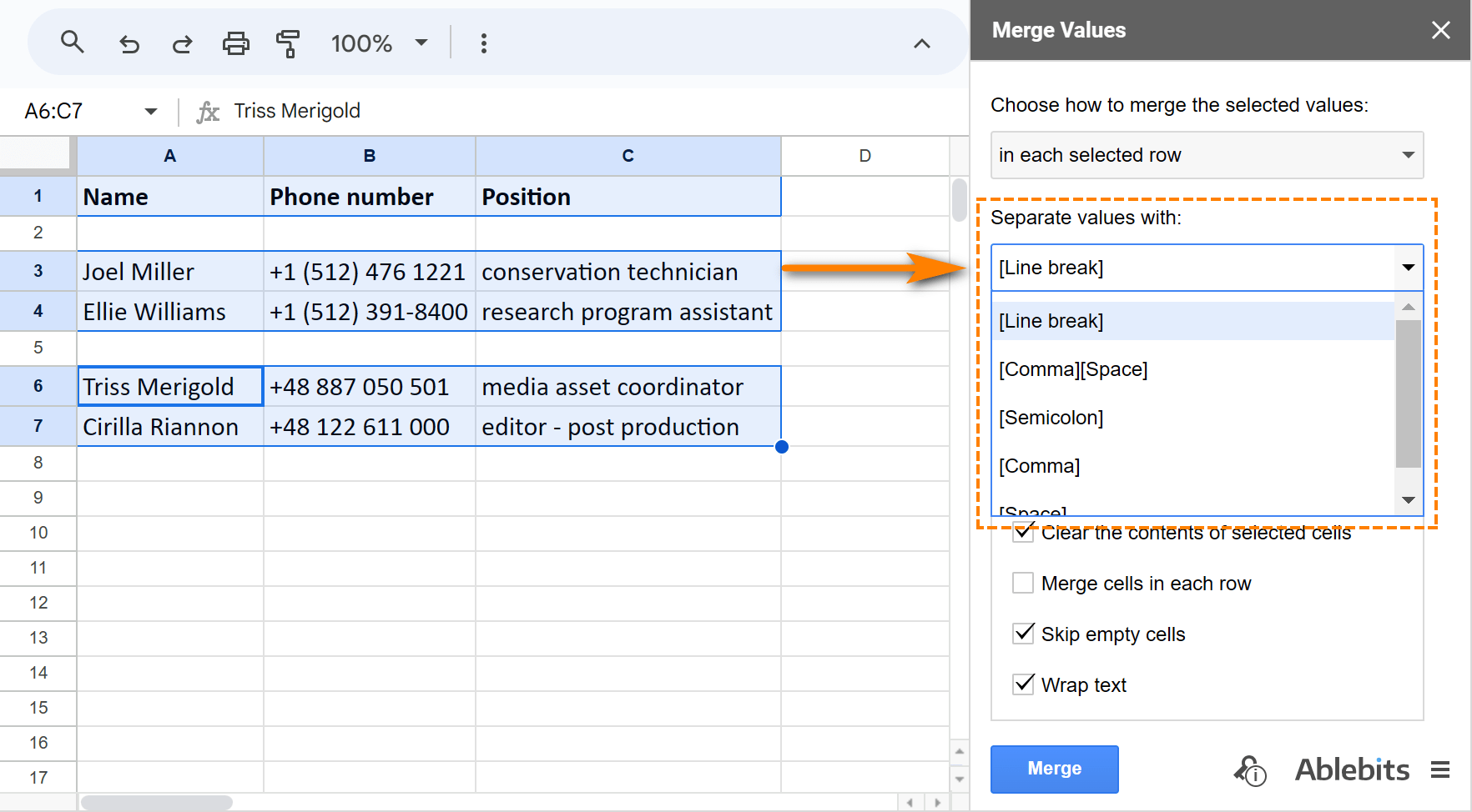 Enter your desired separator to combine cells in Google Sheets using the add-on.