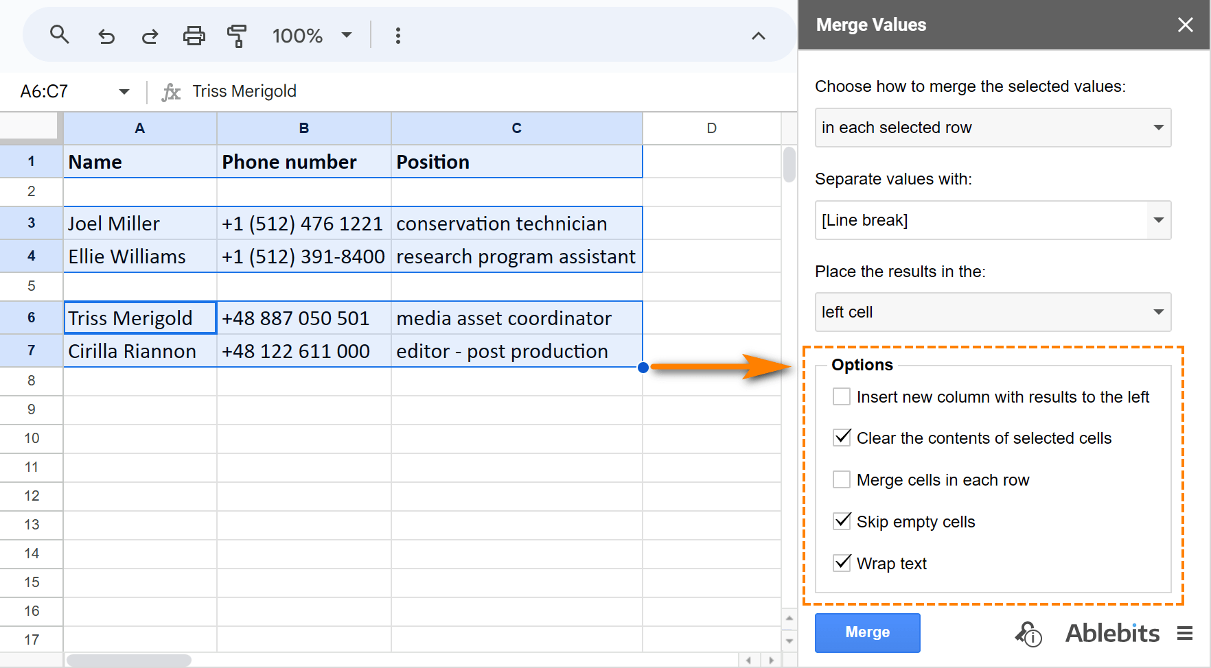 Tick off one 5 additional options to fine-tune the merge.