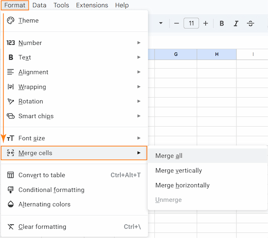 The Format menu is opened with the Merge cells option.