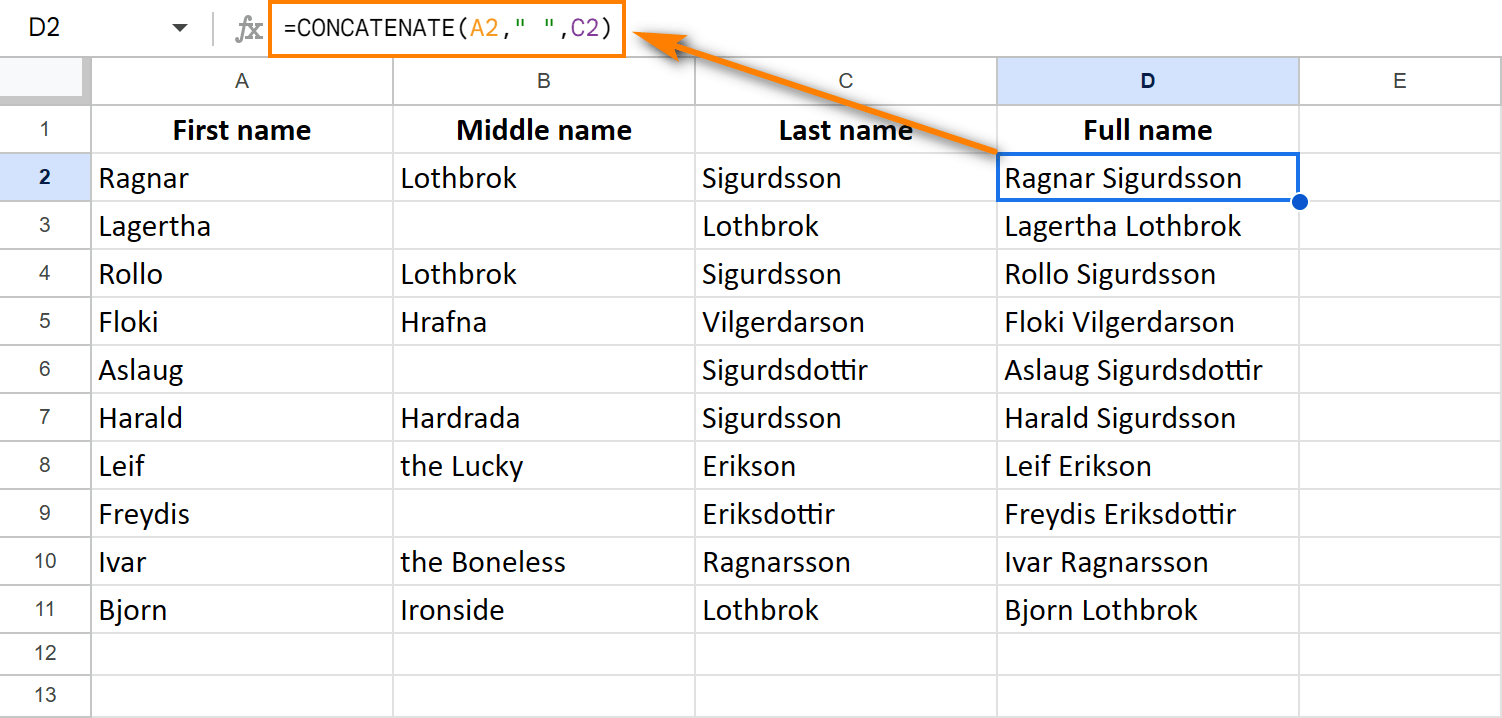 How to merge first and last name in Google Sheets.