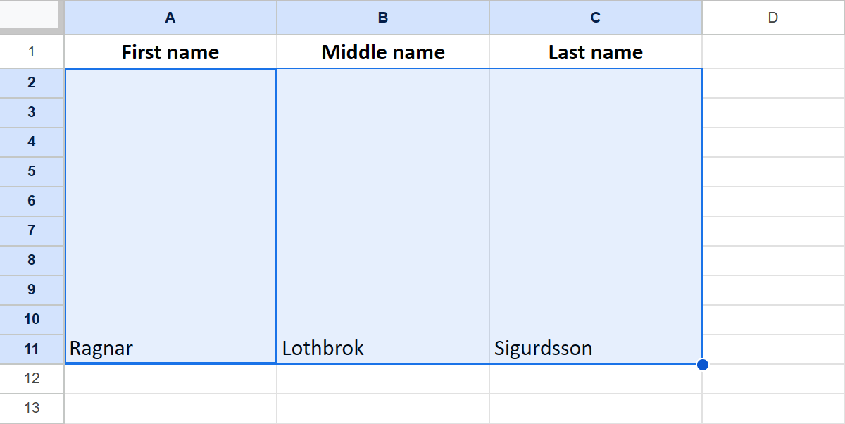 Combine cells in Google Sheets in each column.