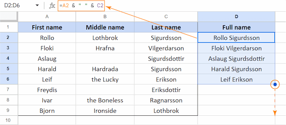 The spreadsheet showing how to combine text from two cells using a formula with an ampersand and a space.