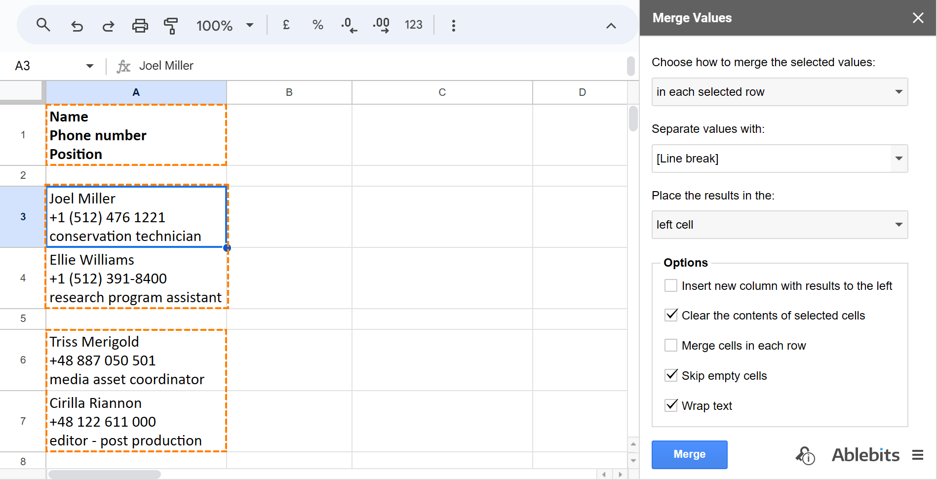 Easiest way to merge cells in Google Sheets.