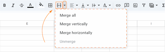 Toolbar icon for merging cells in a spreadsheet, showing a dropdown menu with options to merge all, horizontally, or vertically.