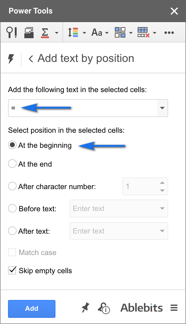 Add an equal sign to each cell.