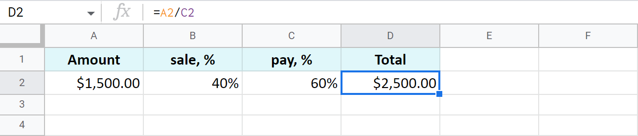 Find total by amount and percentage in Google Sheets.