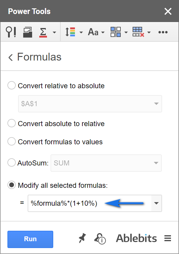 Use the Formulas tool to adjust all formulas.