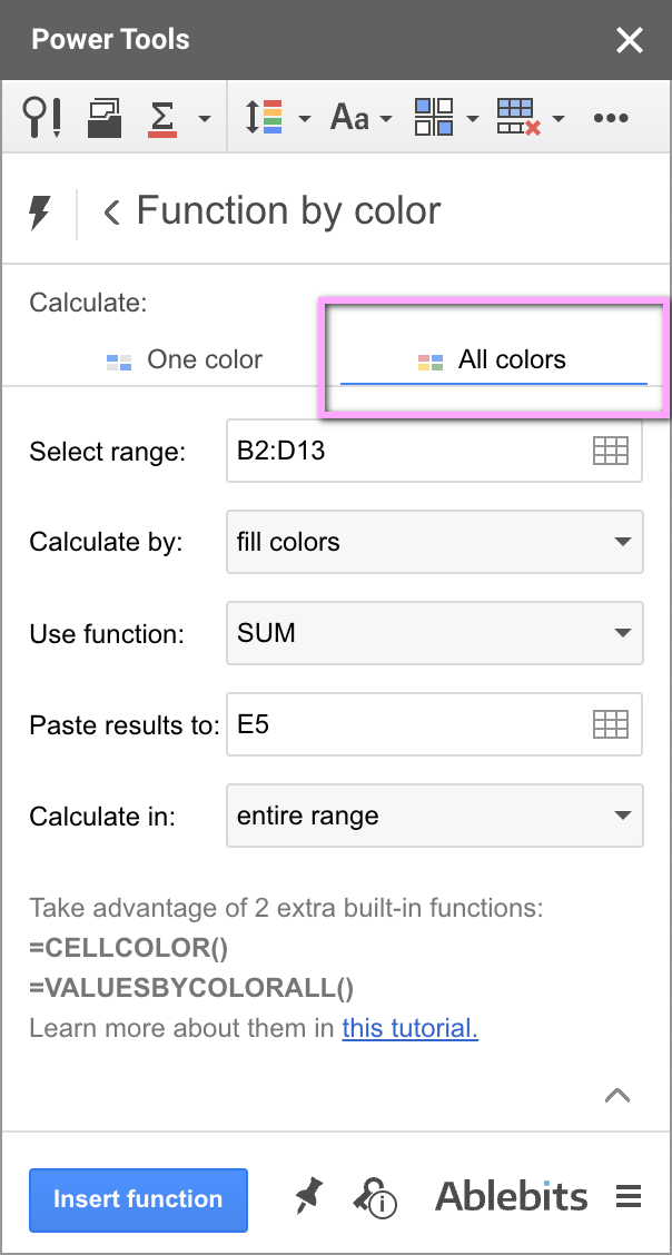 All colors tab in Function by Color.