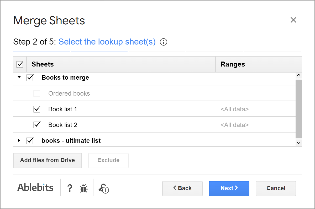 Select several lookup sheets from your Drive.