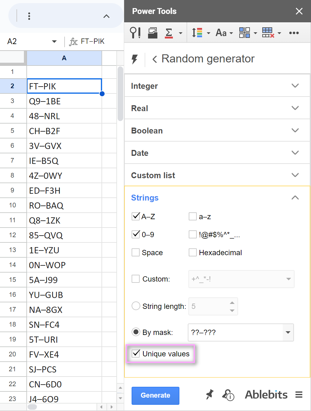 Generate only unique values in the Strings group.