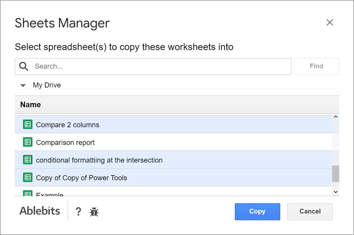 Select spreadsheets to copy these worksheets into.